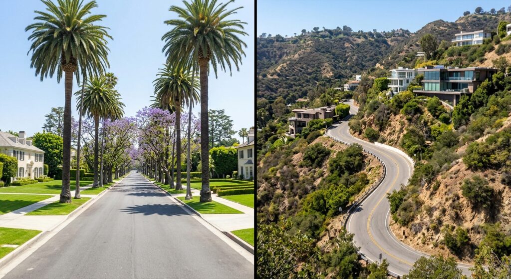 A tree-lined Beverly Hills street and a winding Los Angeles canyon road