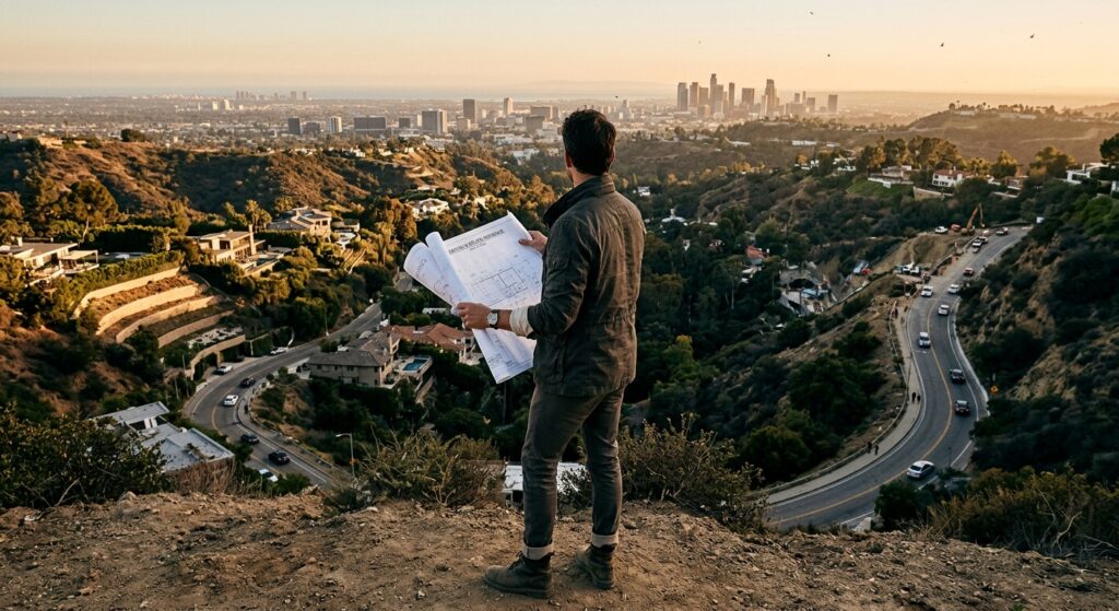 Architect reviewing plans for a hillside home.