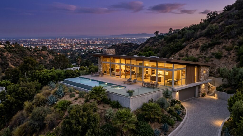 Contemporary hillside home above Beverly Hills at dusk