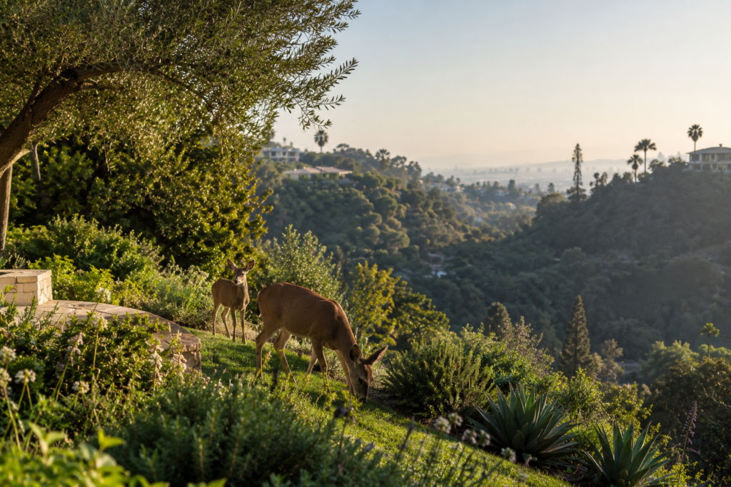 Deer grazing on a hillside garden in a Los Angeles canyon.