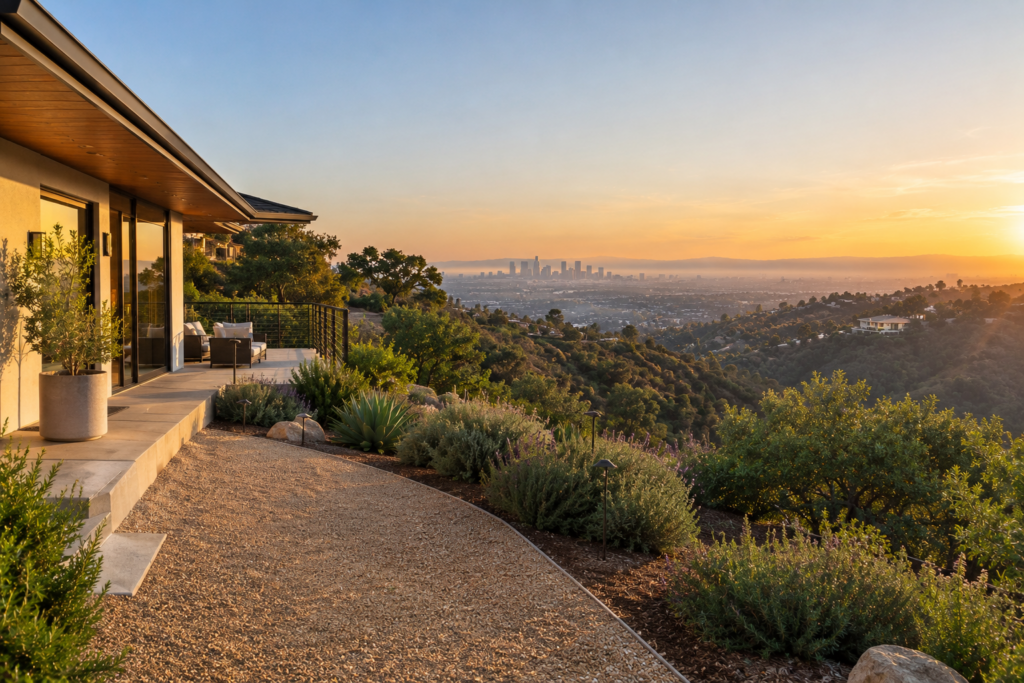 Hillside home with defensible space and fire-resistant landscaping in Los Angeles.