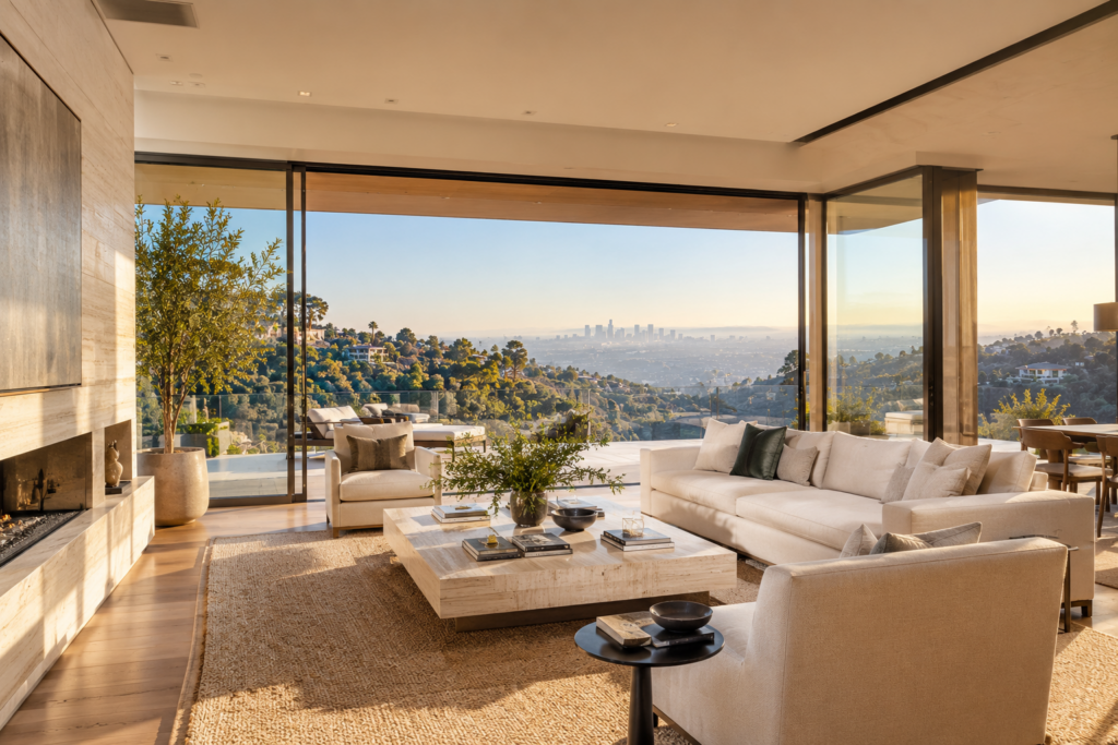 Light-filled living room opening to canyon views in a Los Angeles architectural home.