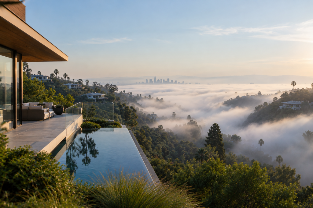 Marine layer filling a Los Angeles canyon on a June morning.