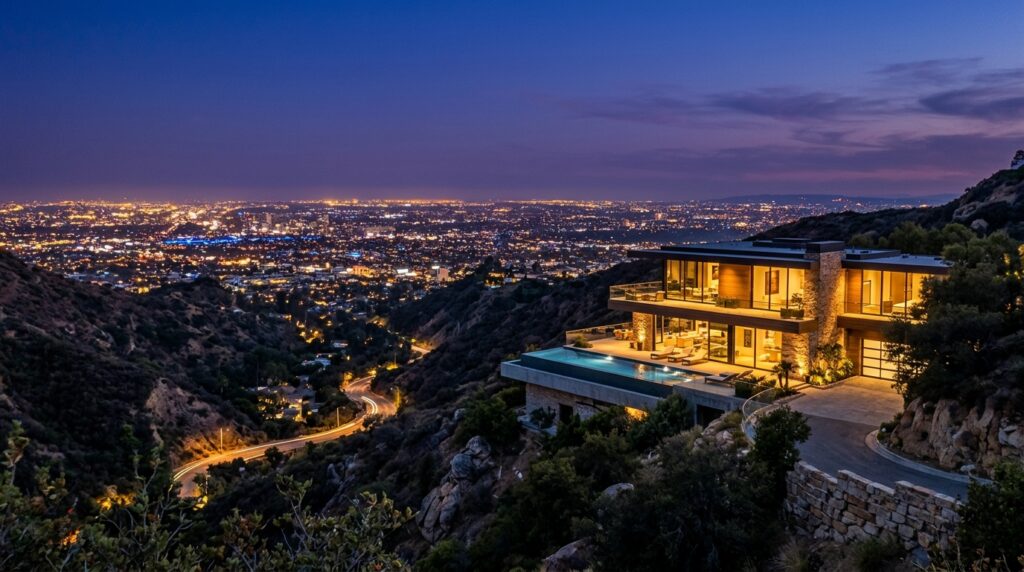 Hollywood Hills home at dusk overlooking the lights of Los Angeles