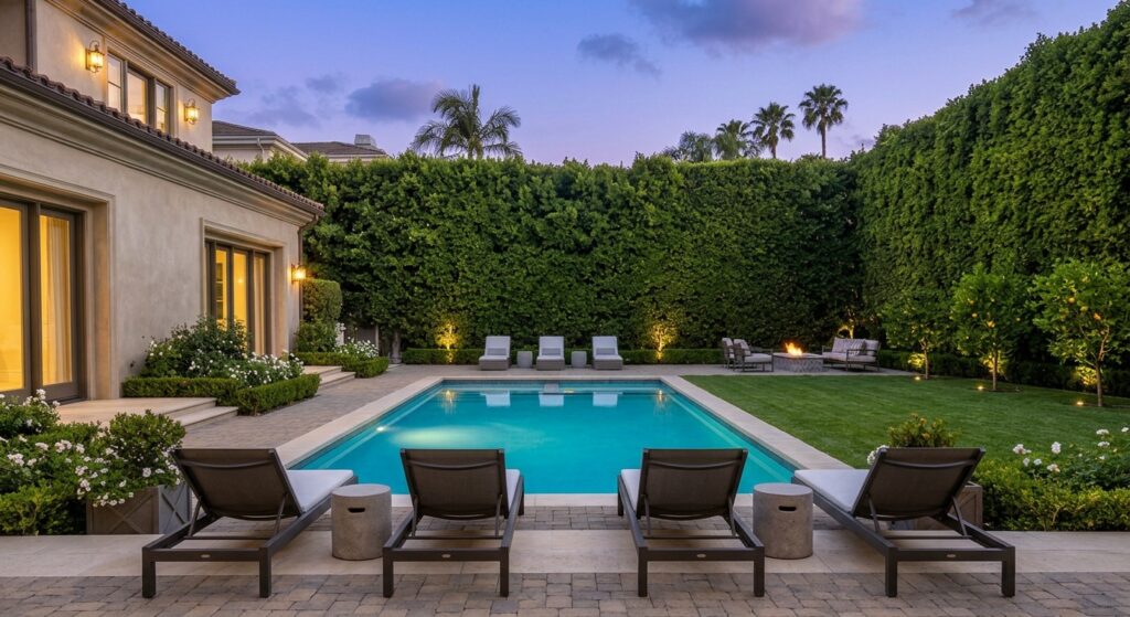 Level backyard with pool and lawn at a Beverly Hills flats estate