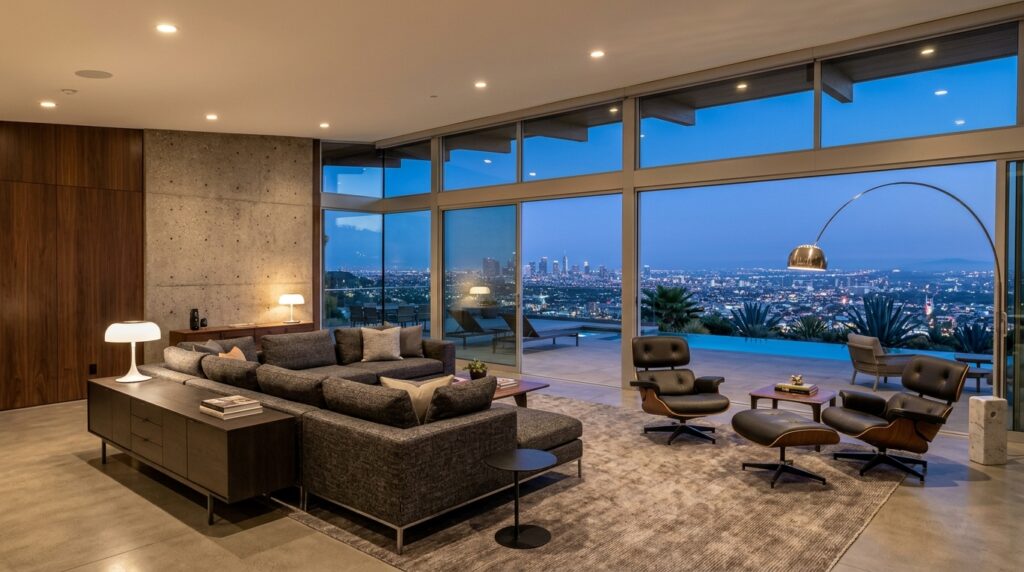 Mid-century living room in Trousdale Estates overlooking Los Angeles
